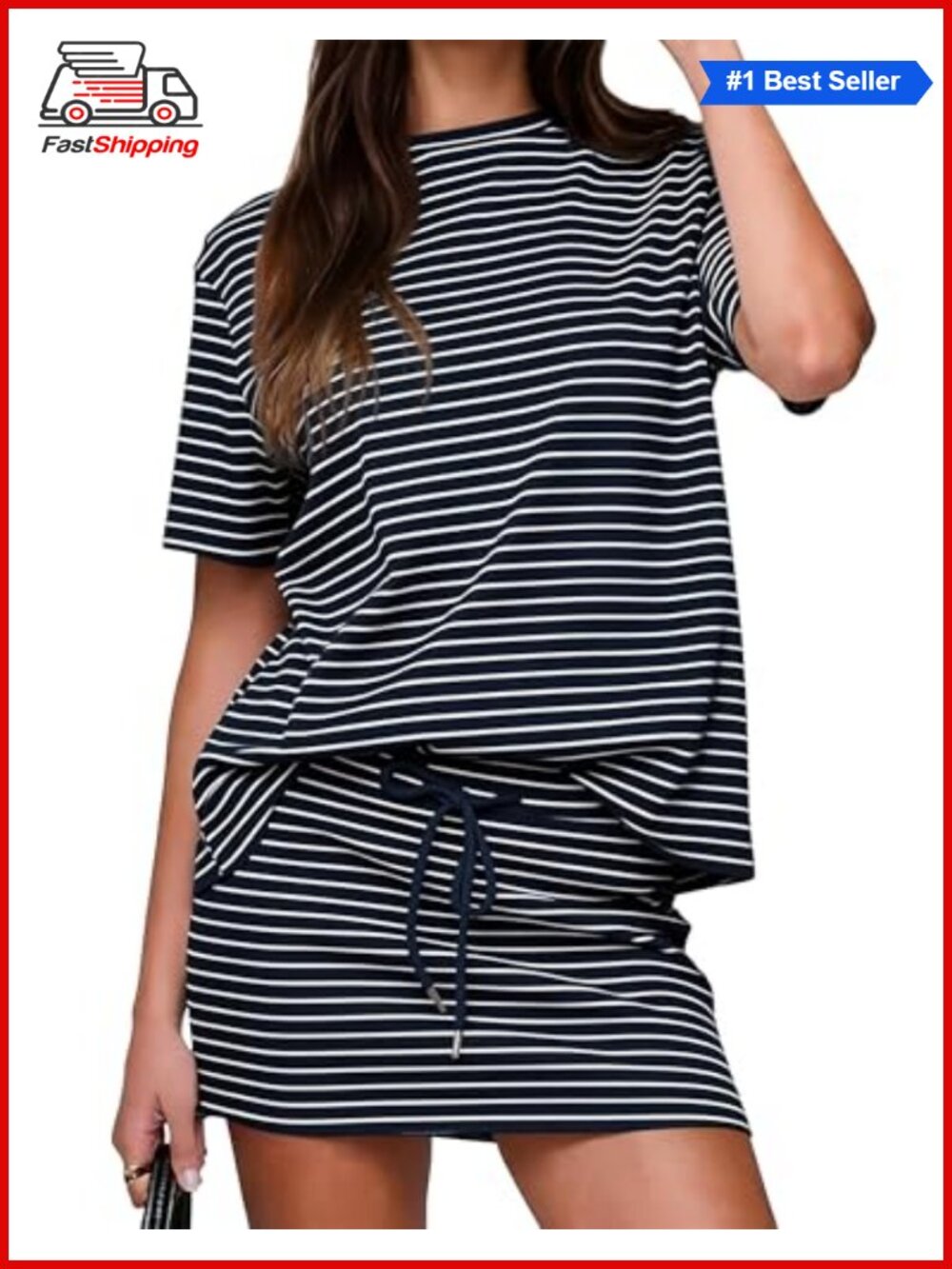 ✨ Women's 2 Piece Striped Mini Skirt and Short Sleeve Top Set